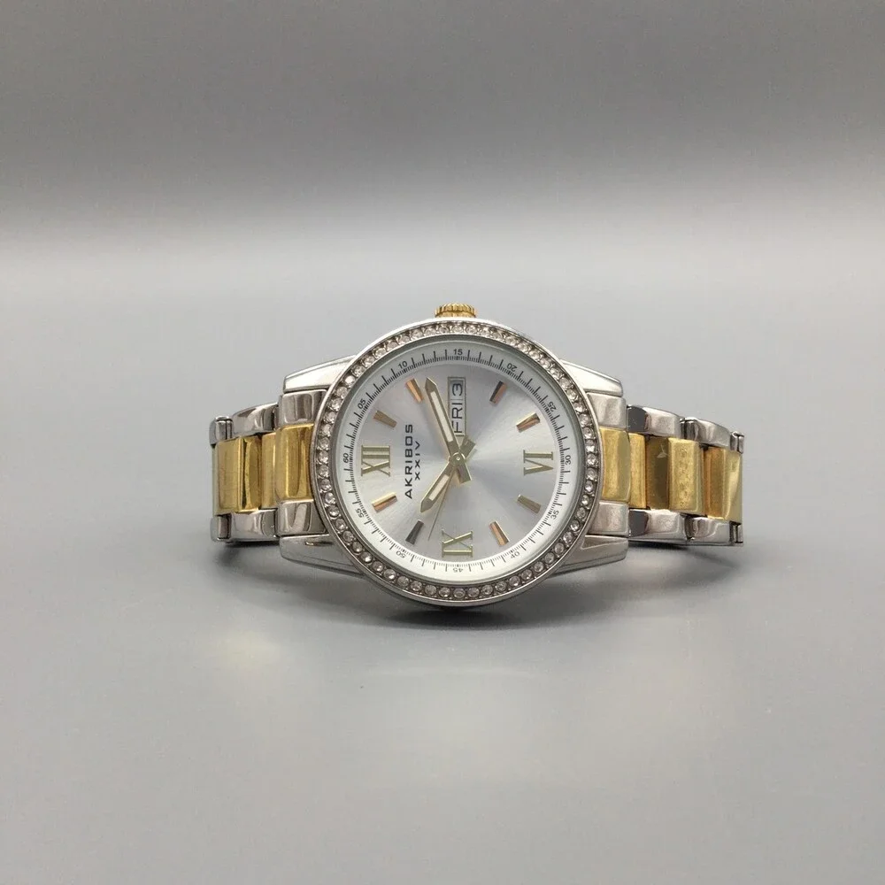Akribos XXIV Womens Watch 36mm Two Tone Crystal Bezel Day Date New Battery 6